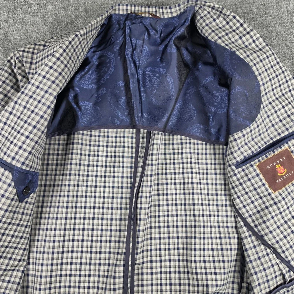 Robert Talbott Unstructured Sport Coat Mens 44R Blue Gray Check Wool Blazer